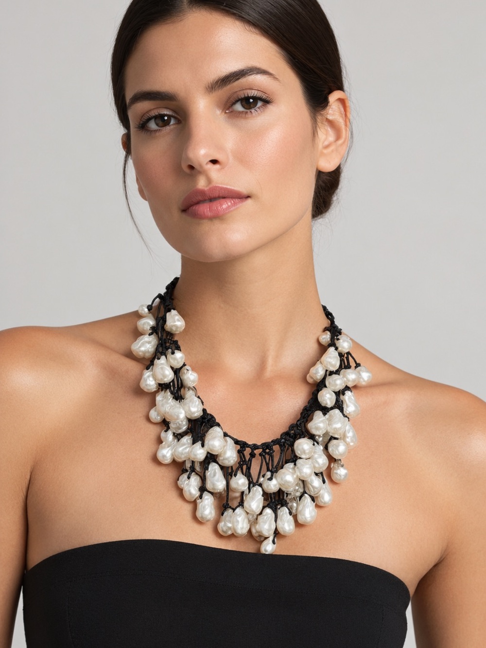 Zara NWT Black Faux Pearl Cord Statement Necklace 4548/061/800
